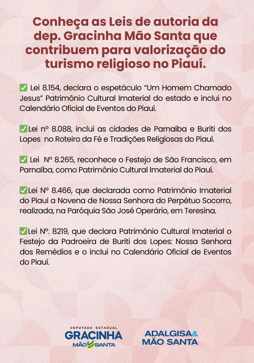 Leis de autoria da deputa estadual Gracinha Moraes (PP-PI)