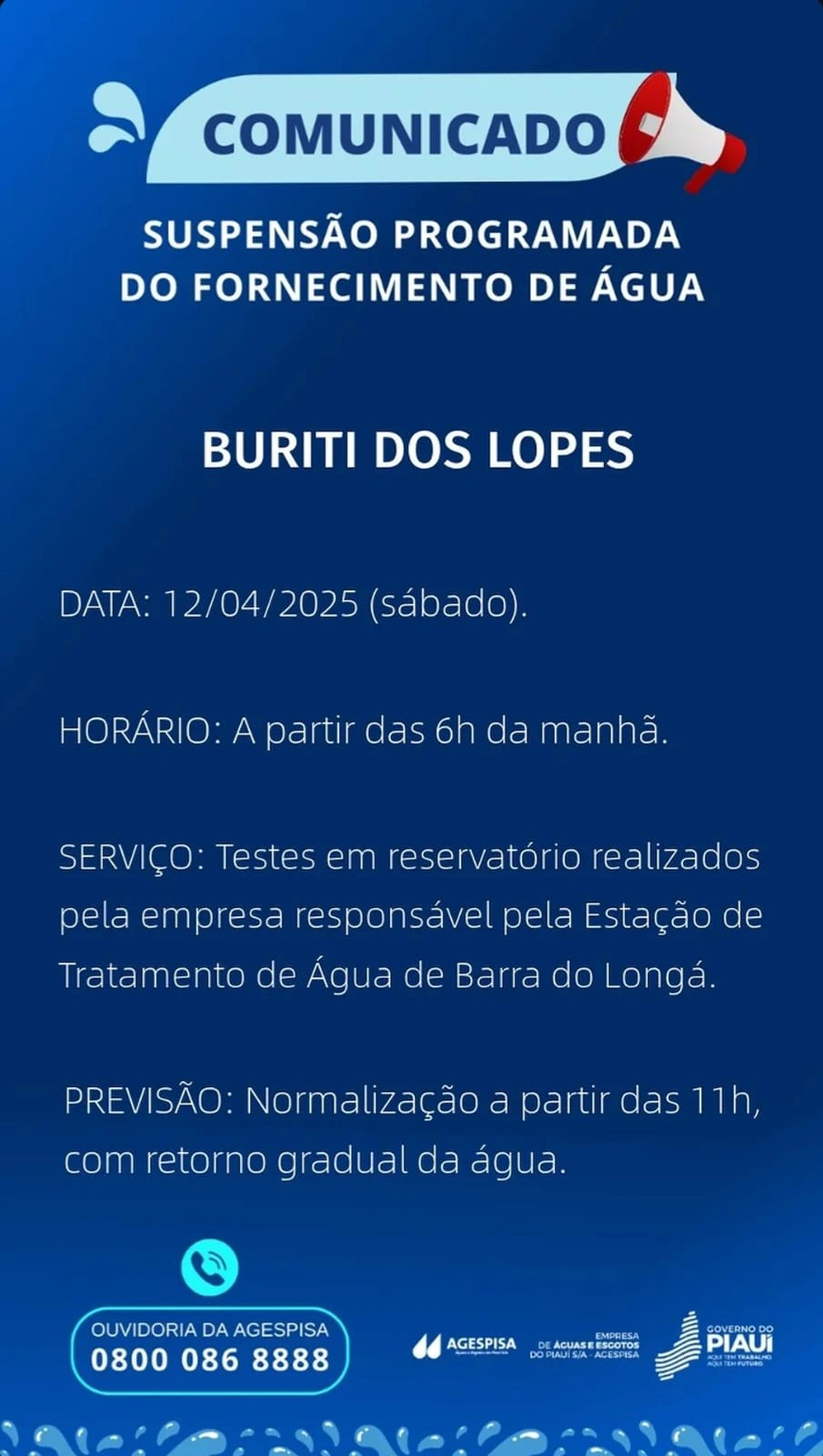 Nota da Agespisa sobre a interrupção do abastecimento em Buriti dos Lopes