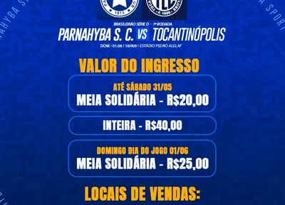 Confira os preços dos ingressos entre Parnahyba e Tocantinópolis