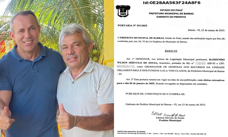 Edilson Capote assinou portaria designando Wilson Capote como ordenador de despesas
