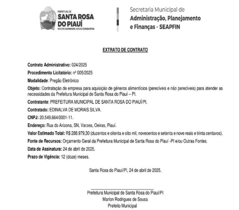 Mercadinho Arizona foi contratado pela Prefeitura de Santa Rosa do Piauí