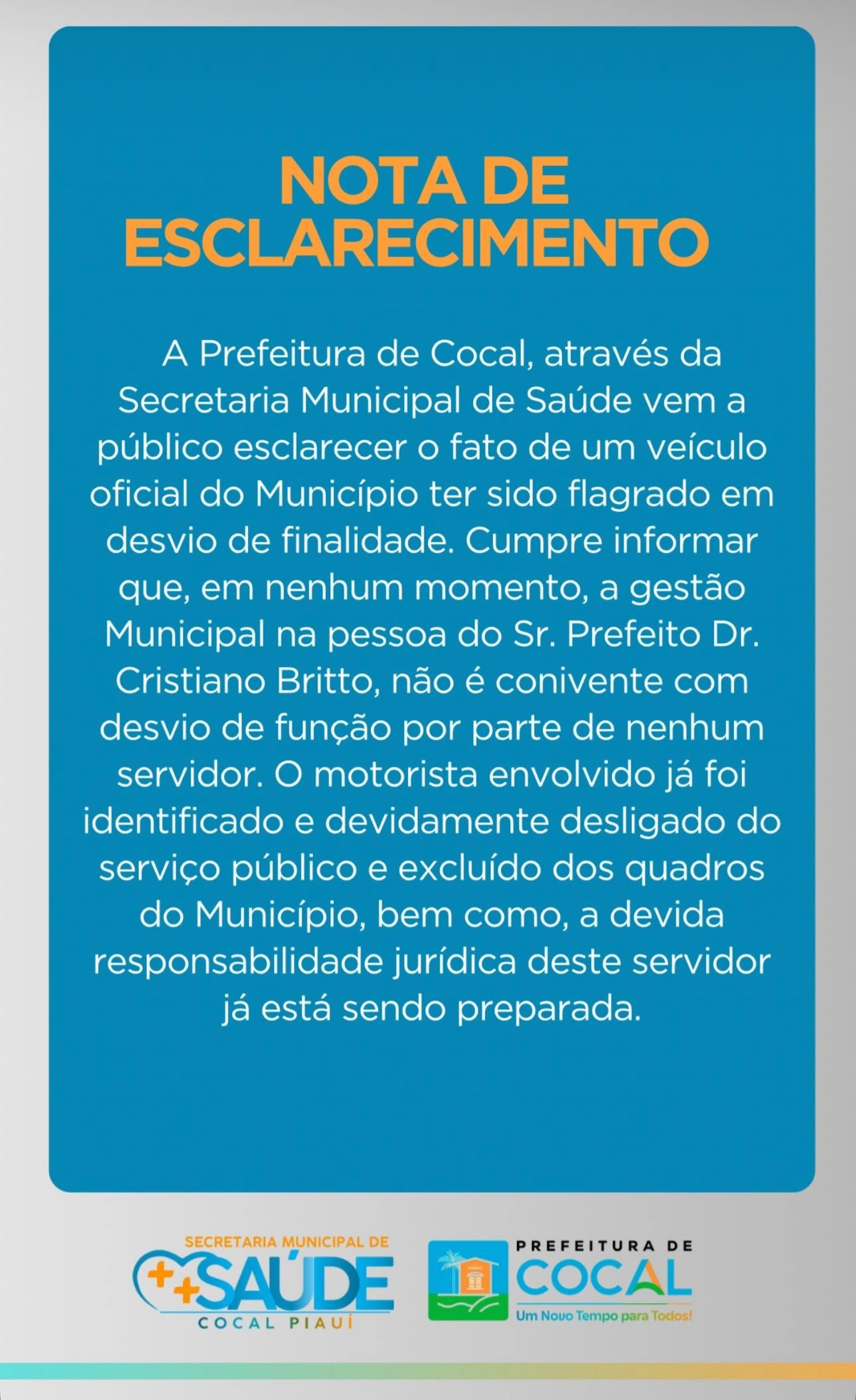 Nota de Esclarecimento da Prefeitura de Cocal