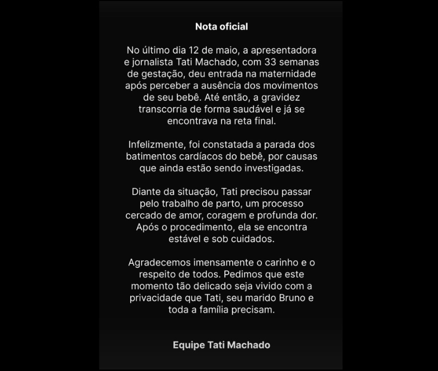 Nota oficial no Instagram de Tati Machado