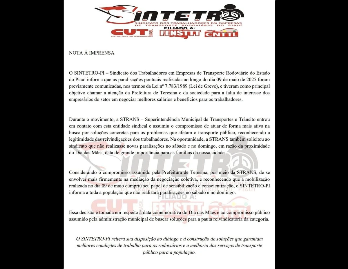Nota publicada pelo Sintetro
