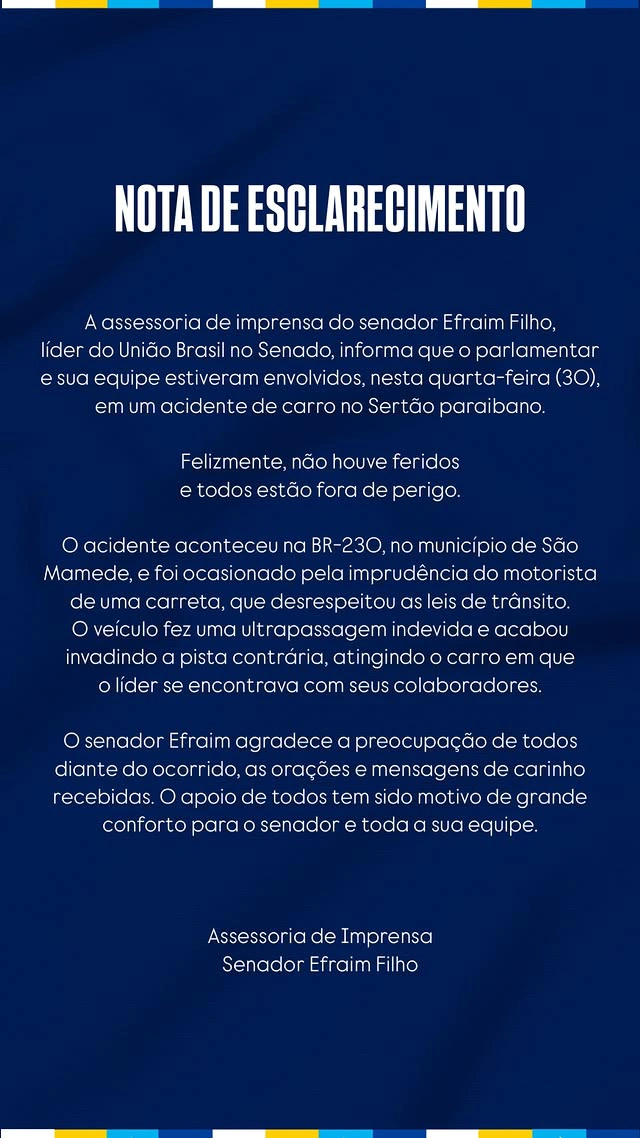 O veículo em que o senador estava foi atingido lateralmente por uma carreta