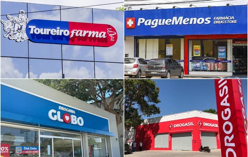 Toureiro, Drogasil, Pague Menos e Drogarias Globo.