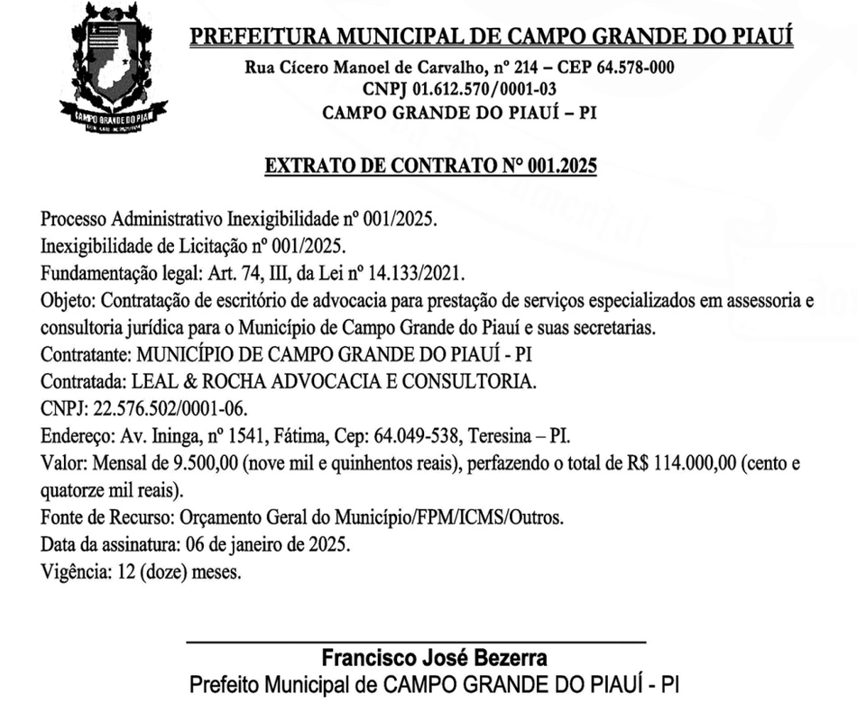 Contrato assinado pelo prefeito Dr. Tico (PSD)