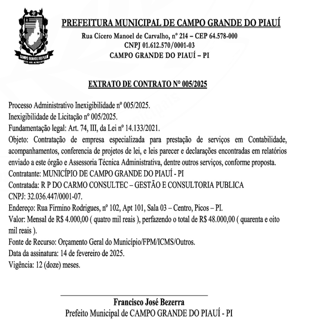Contrato com a empresa R P do Carmo Consul Tec - Gestão e Consultoria Pública
