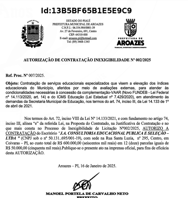 Contrato com a JA. Consultoria Educacional Pública e Seleção LTDA
