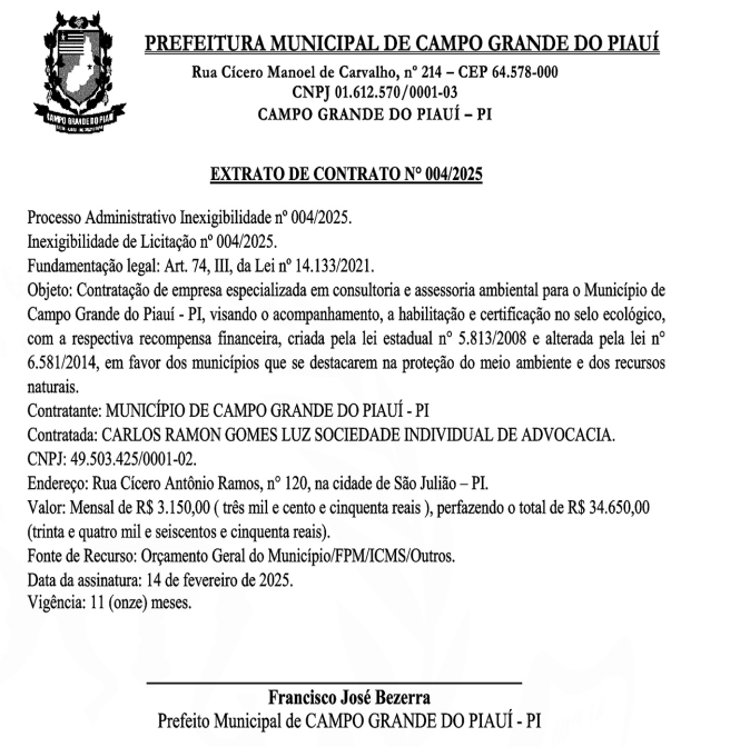Contrato com o escritório Carlos Ramon Gomes Luz Sociedade Individual de Advocacia