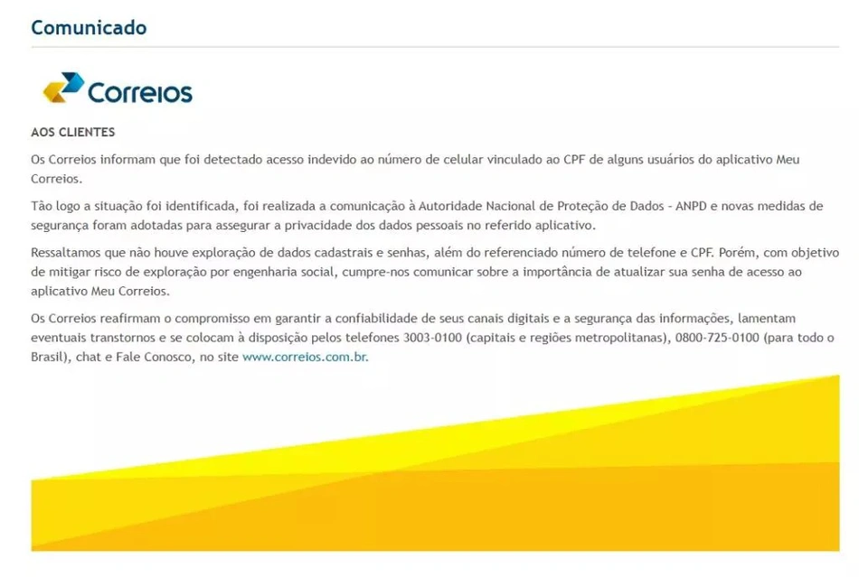 Correios alertam usuários sobre vazamento de dados pessoais