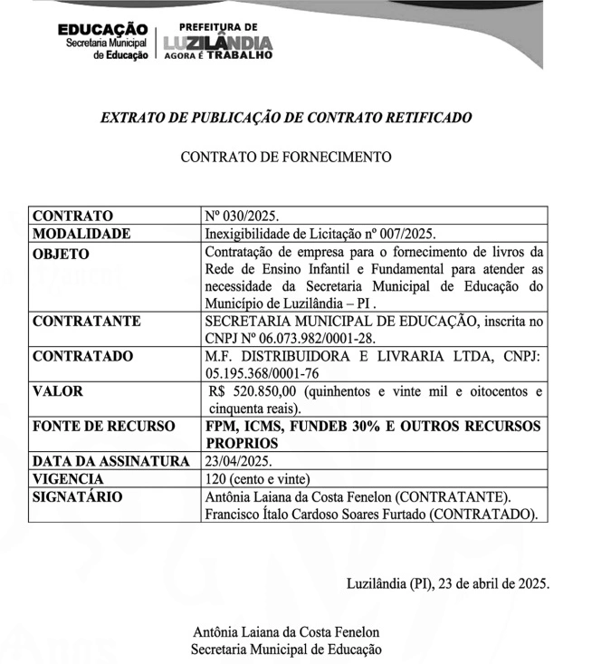 Extrato do contrato celebrado com a  M.F. Distribuidora e Livraria Ltda
