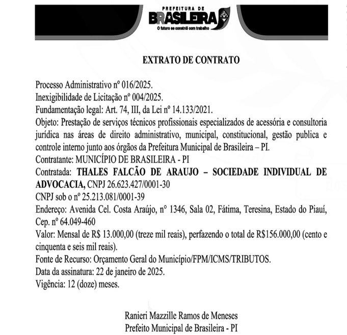 Extrato do contrato celebrado pela Prefeitura de Brasileira