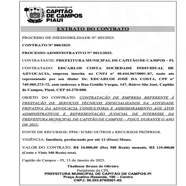 Extrato do contrato da Prefeitura de Capitão de Campos