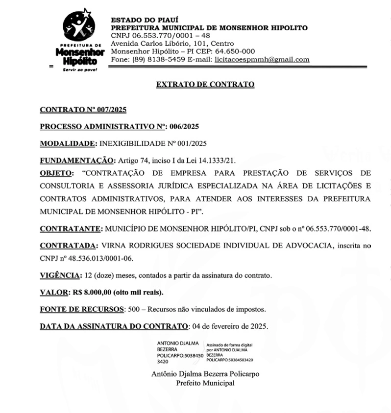 Extrato do contrato da Prefeitura de Monsenhor Hipólito