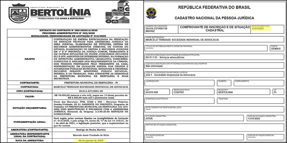 Extrato do contrato e situação cadastral do escritório de Marcelo Trindade