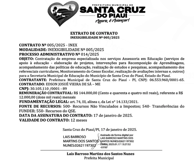 Extrato do contrato firmado pela Prefeitura de Santa Cruz do Piauí