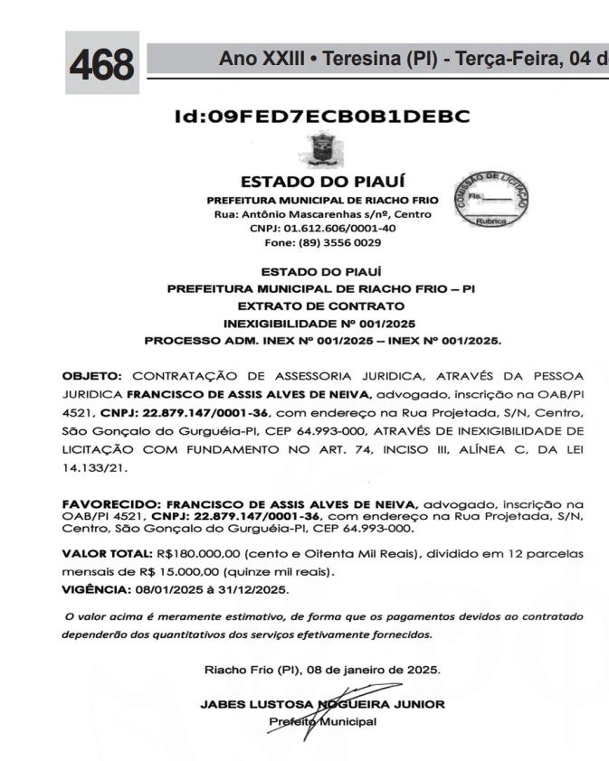 Extratos dos contratos celebrados pela Prefeitura de Riacho Frio