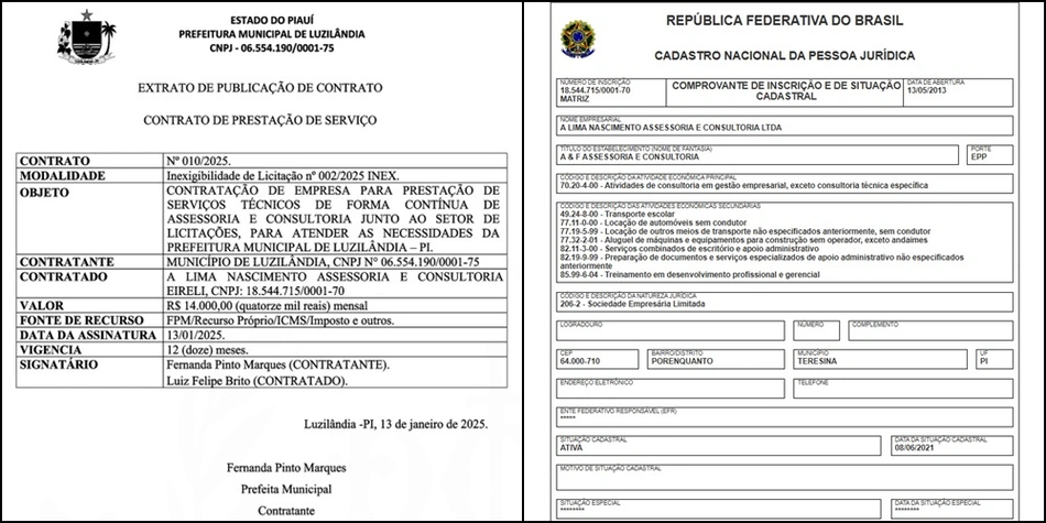 Informações do contrato e da empresa contratada pela Prefeitura de Luzilândia
