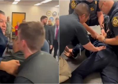 Senador Alex Padilla sendo retirado da coletiva