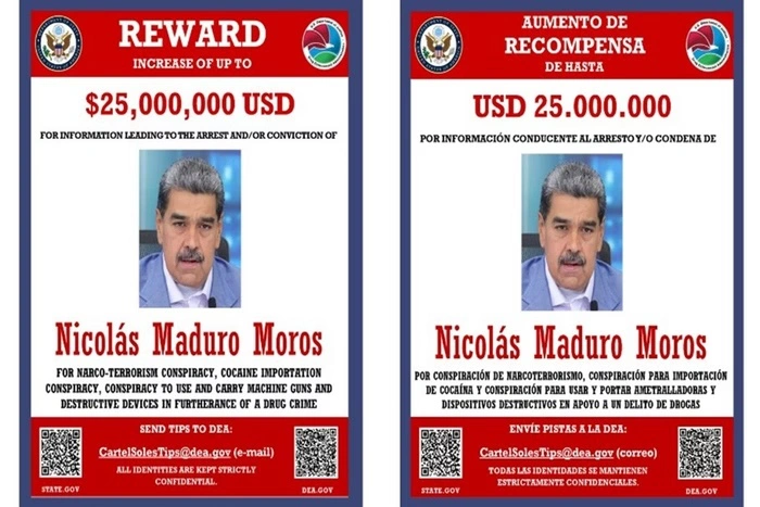 Cartaz oferecendo recompensa pela captura de Nicolás Maduro