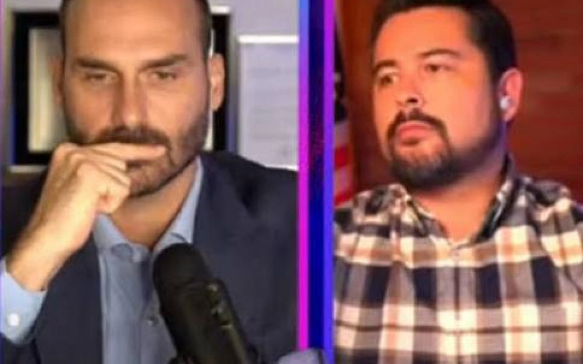 Deputado federal Eduardo Bolsonaro (PL-SP) e o jornalista Paulo Figueiredo em podcast