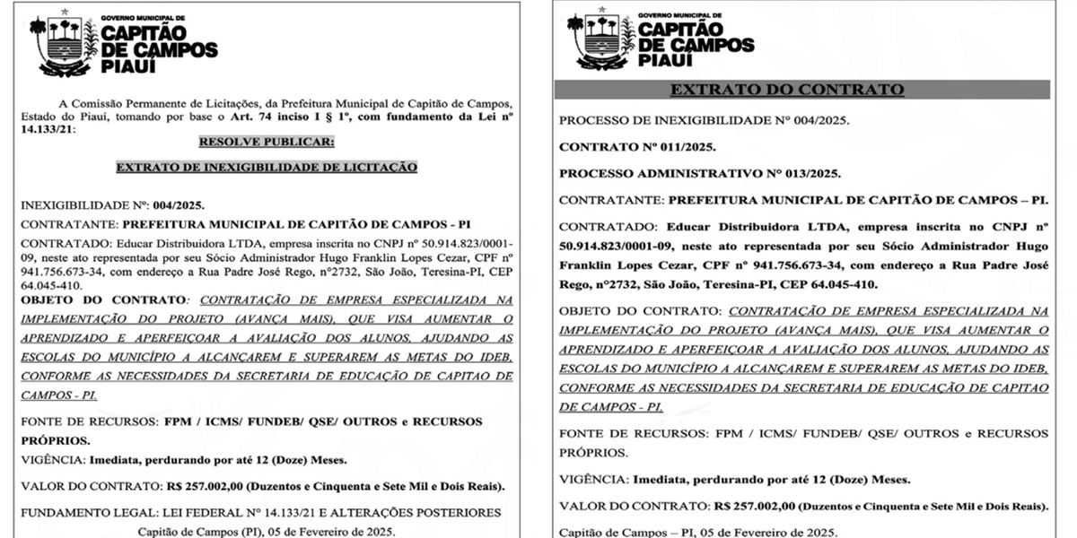 Extrato de contrato de inexigibilidade da Prefeitura de Capitão de Campos