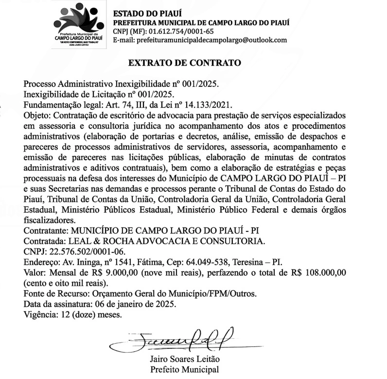 Extrato do contrato celebrado pela Prefeitura de Campo Largo do Piauí