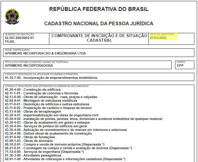Informações cadastraias da empresa Aprimore Incorporação