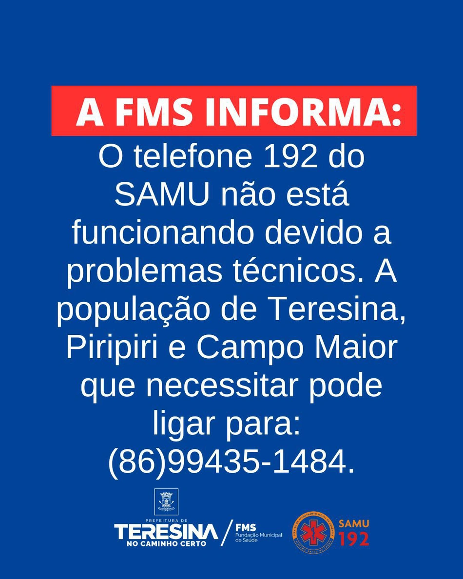 Número 192 do SAMU está fora do ar