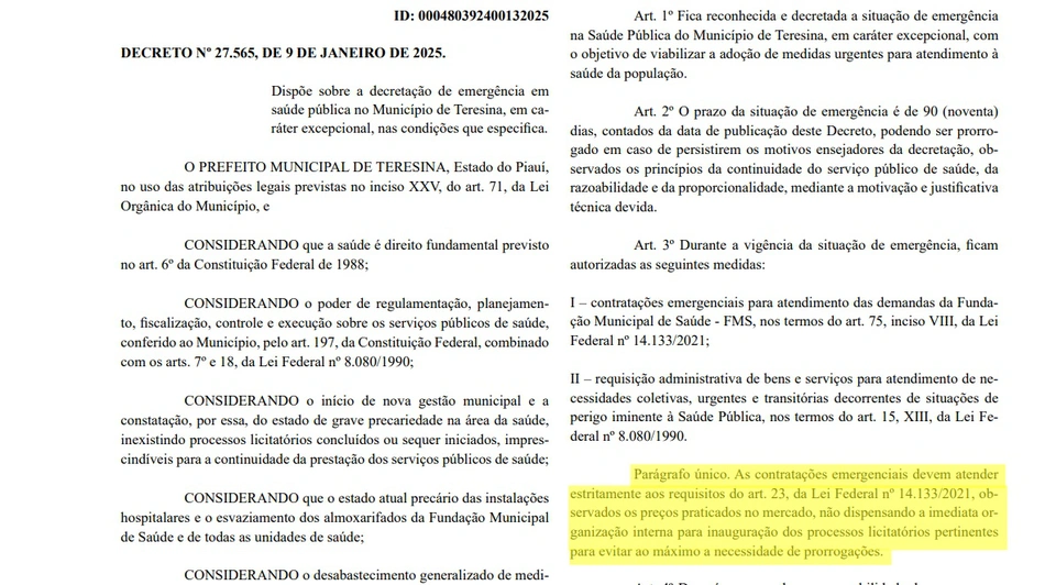 Trecho do decreto de emergência assinado por Sílvio Mendes