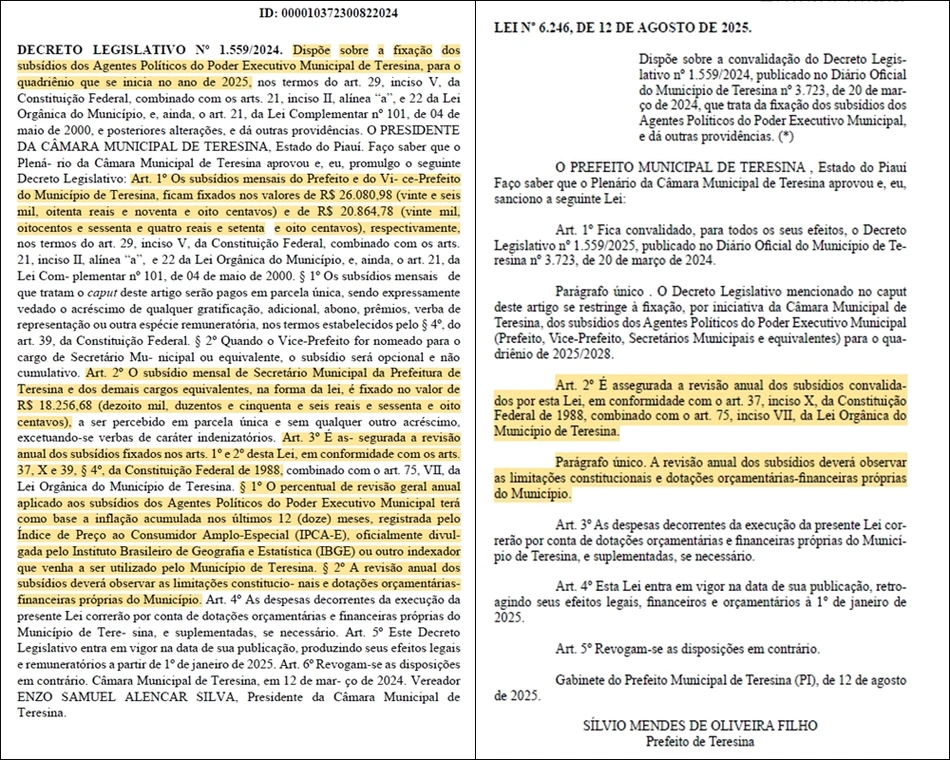 À esquerda, o Decreto Legislativo de 2024, e à direita, a Lei sancionada por Sílvio Mendes que regulamenta o reajuste