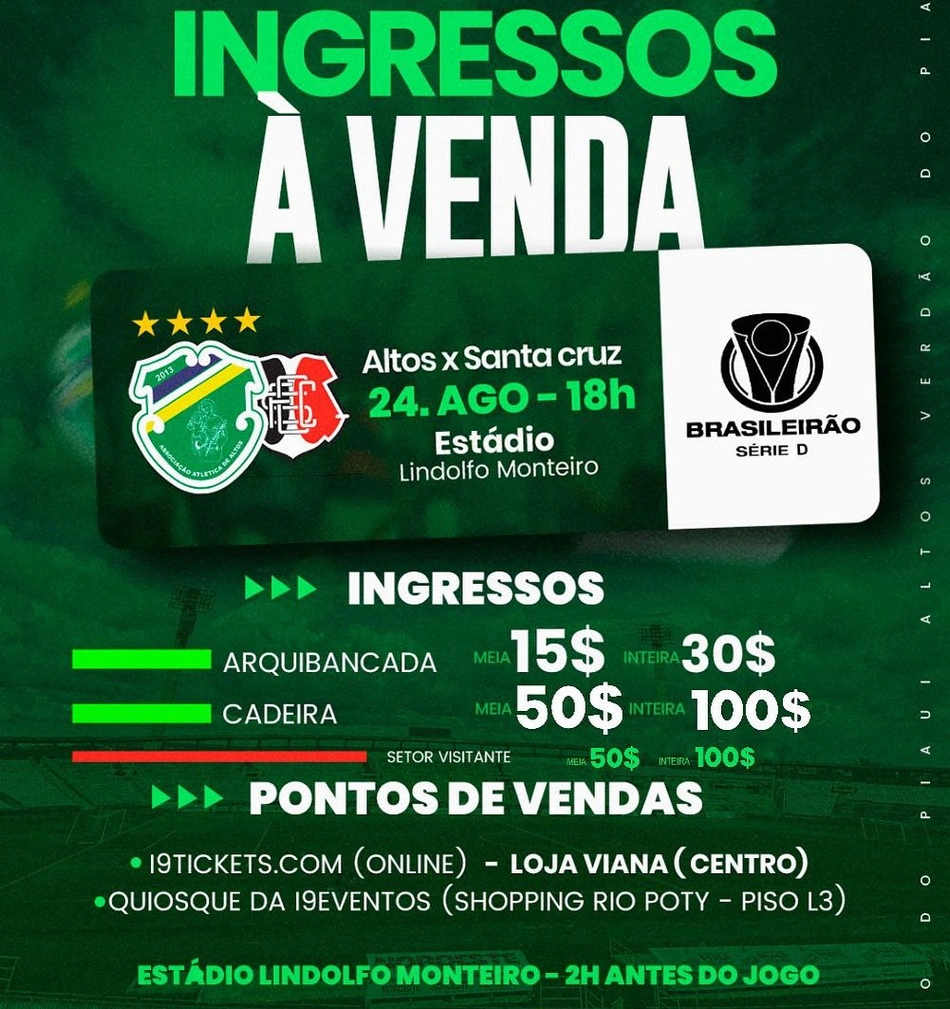Confira os valores e locais de vendas dos ingressos para o jogo entre Altos e Santa Cruz