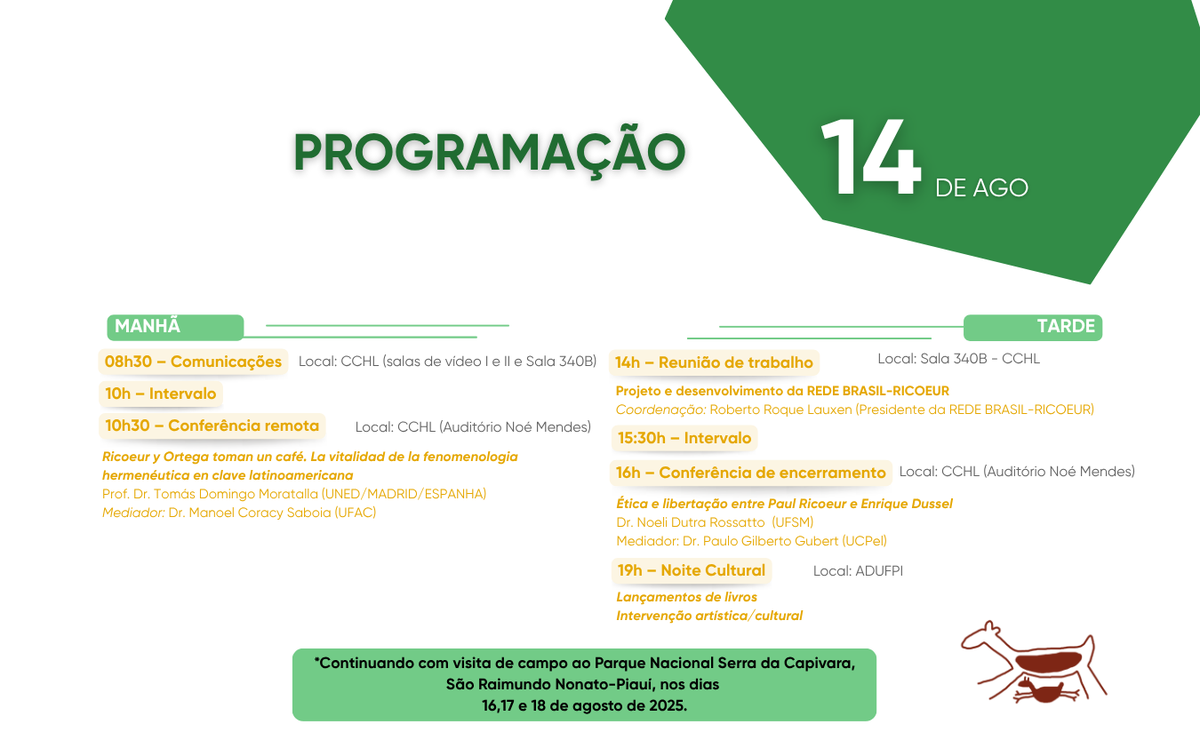 Programação do dia 14 de agosto