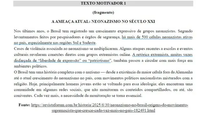 Vestibular da UFS associa aumento de neonazismo a Bolsonaro e à direita