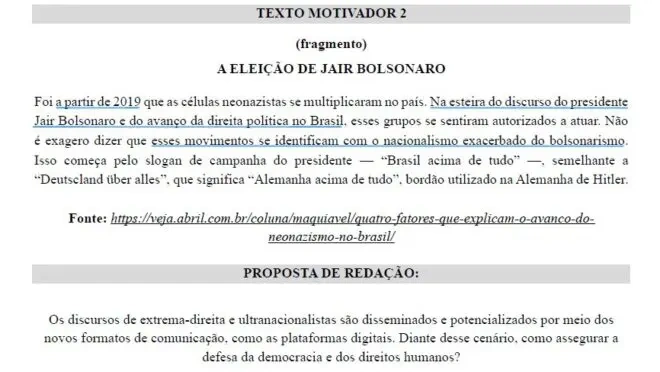 Vestibular da UFS associa aumento de neonazismo a Bolsonaro e à direita