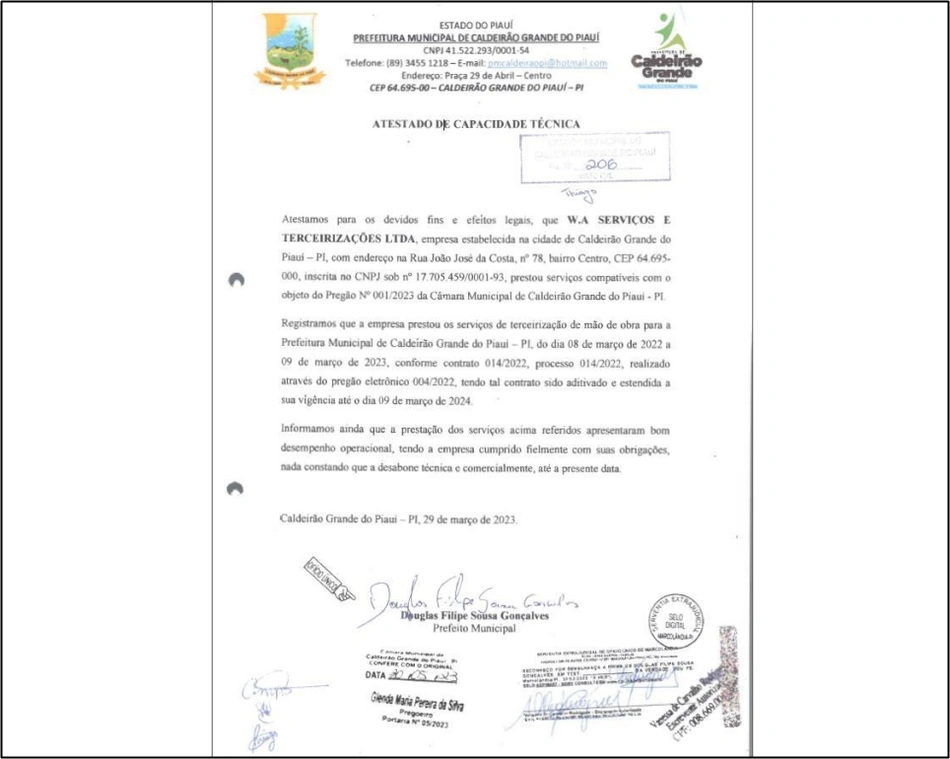 Atestado de capacidade da empresa W.A. Serviços e Terceirizações Ltda