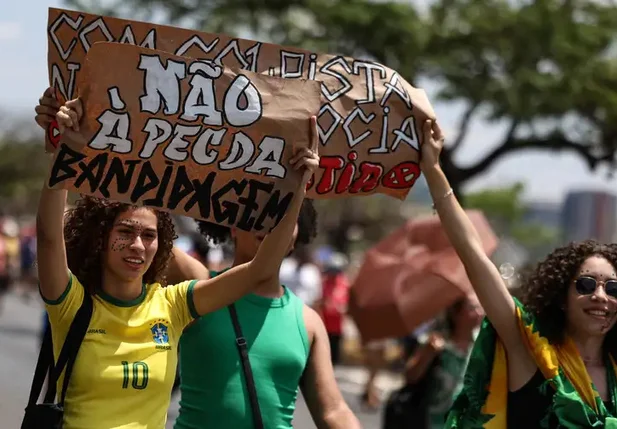 Manifestantes levaram cartazes à Esplanada dos Ministérios, em Brasília