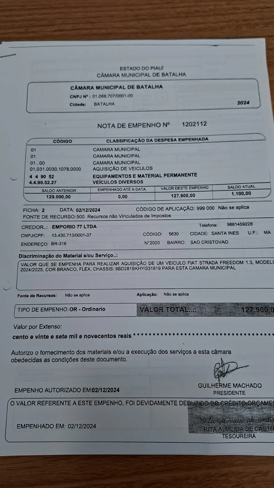 Nota de empenho comprova a compra do automóvel.