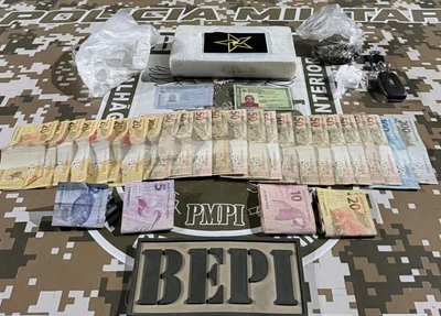 Tablete de cocaína e porção de skunk apreendida pela polícia