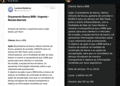 Agência envia proposta para contratar influenciadores em evento do BRB sobre o caso Master