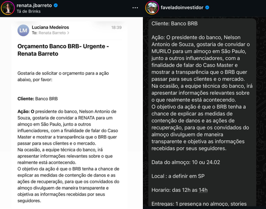 Agência envia proposta para contratar influenciadores em evento do BRB sobre o caso Master