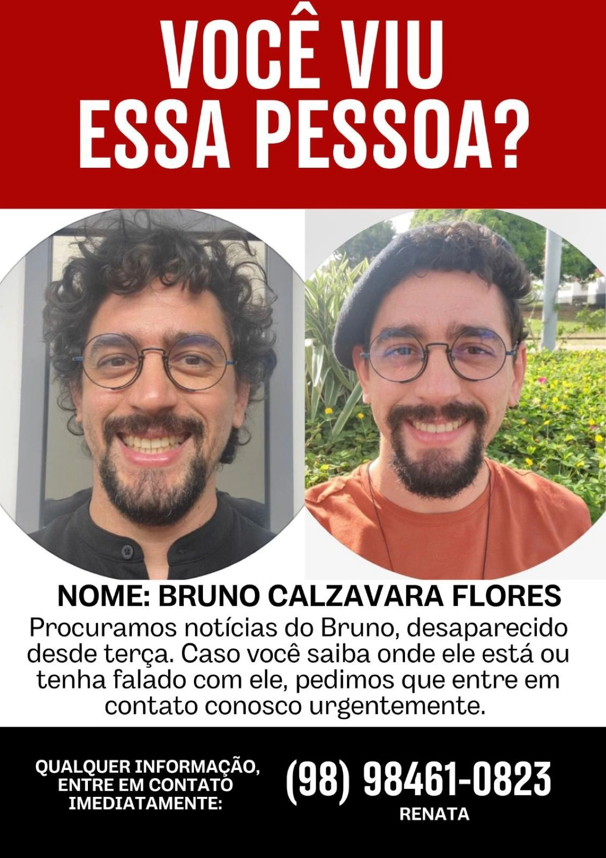 Cartaz de desaparecimento de Bruno Calzavara Flores