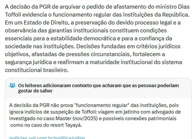 Gilmar elogia PGR por arquivar acusações contra Toffoli e recebe correção no X