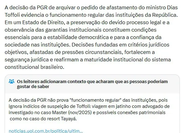 Gilmar elogia PGR por arquivar acusações contra Toffoli e recebe correção no X