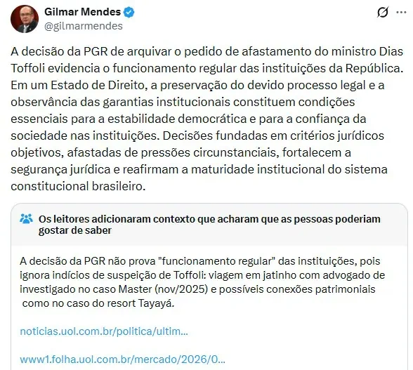 Gilmar elogia PGR por arquivar acusações contra Toffoli e recebe correção no X