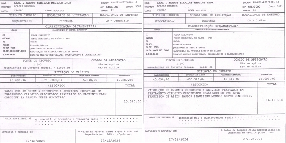 Notas de empenho com nomes de Elen Araújo e Francisco de Assis