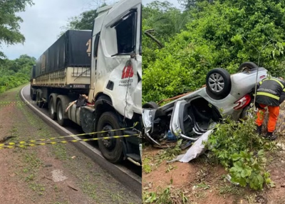 O acidente envolveu uma carreta e um veículo Peugeot 208