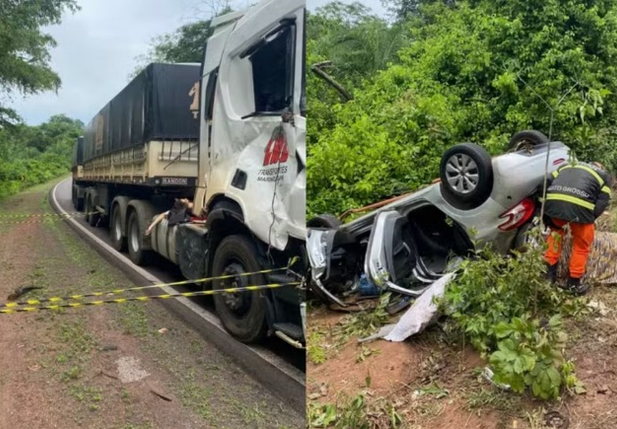 O acidente envolveu uma carreta e um veículo Peugeot 208