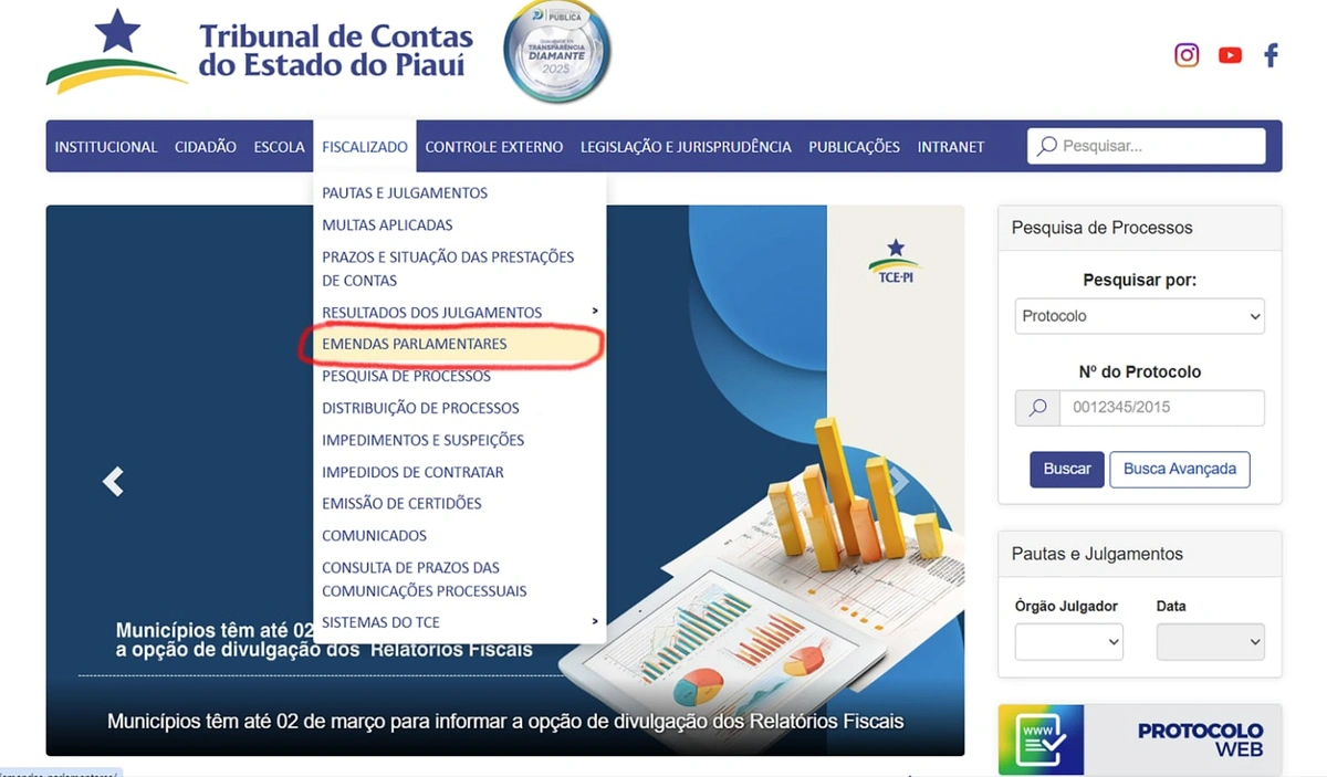 Página do TCE-PI com regras para execução de emendas